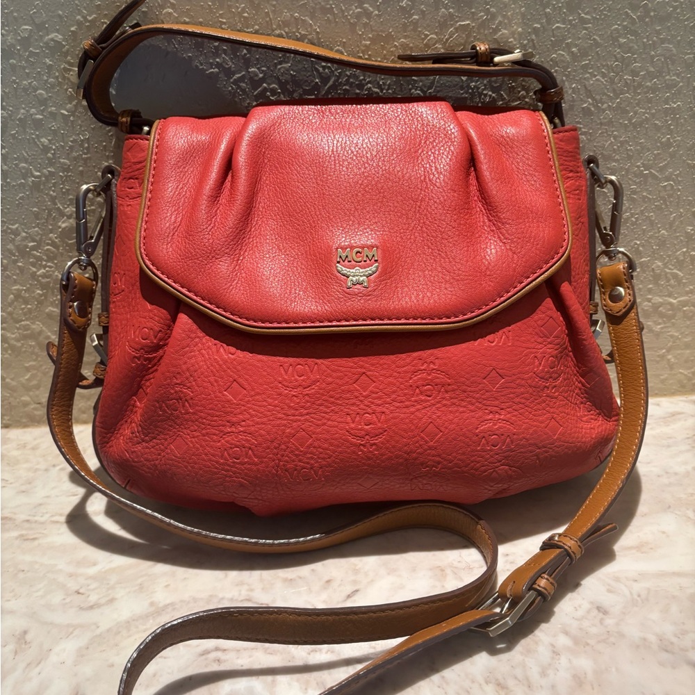MCM Coral embossed Leather Crossbody Bag with tan leather trim and strap